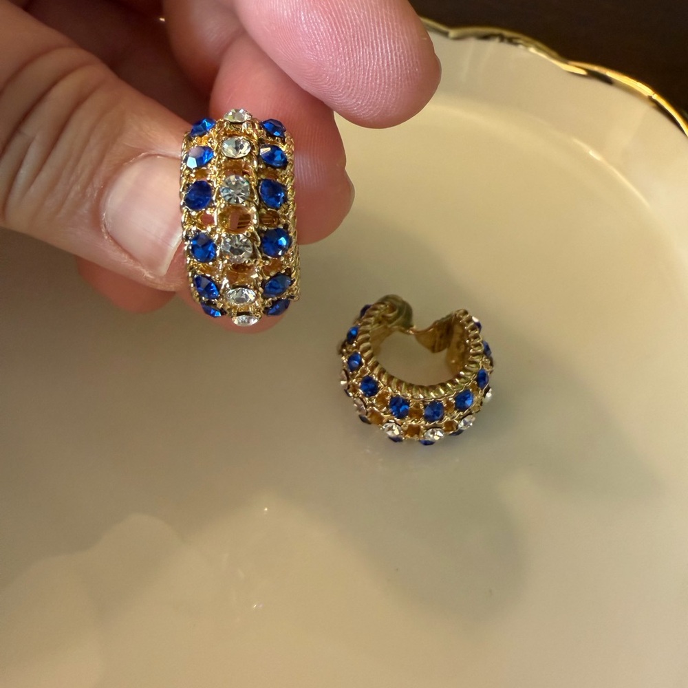 Monet Vintage Blue Rhinestone Hoop Clip On Earrings